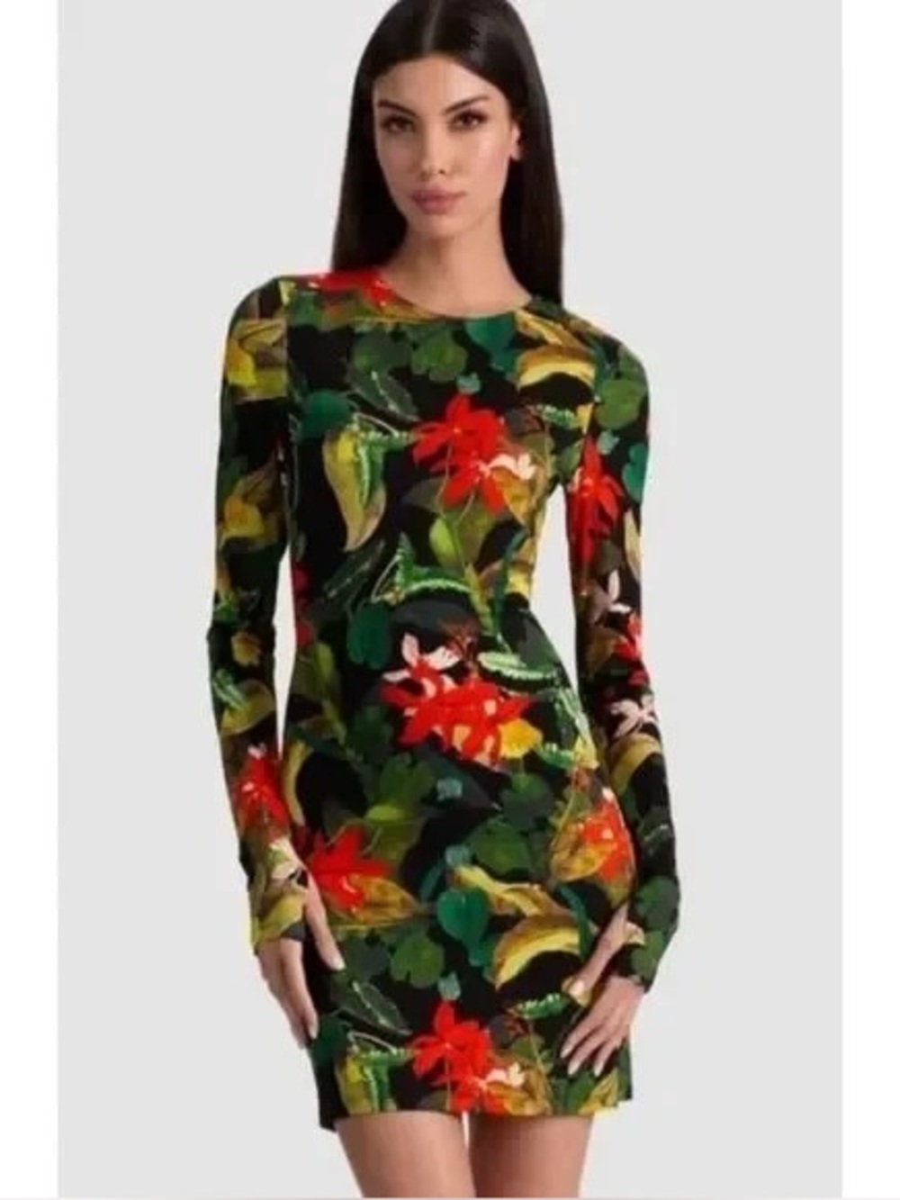 Alice and Olivia Floral Bodycon Long-Sleeve Dress in Black and Green